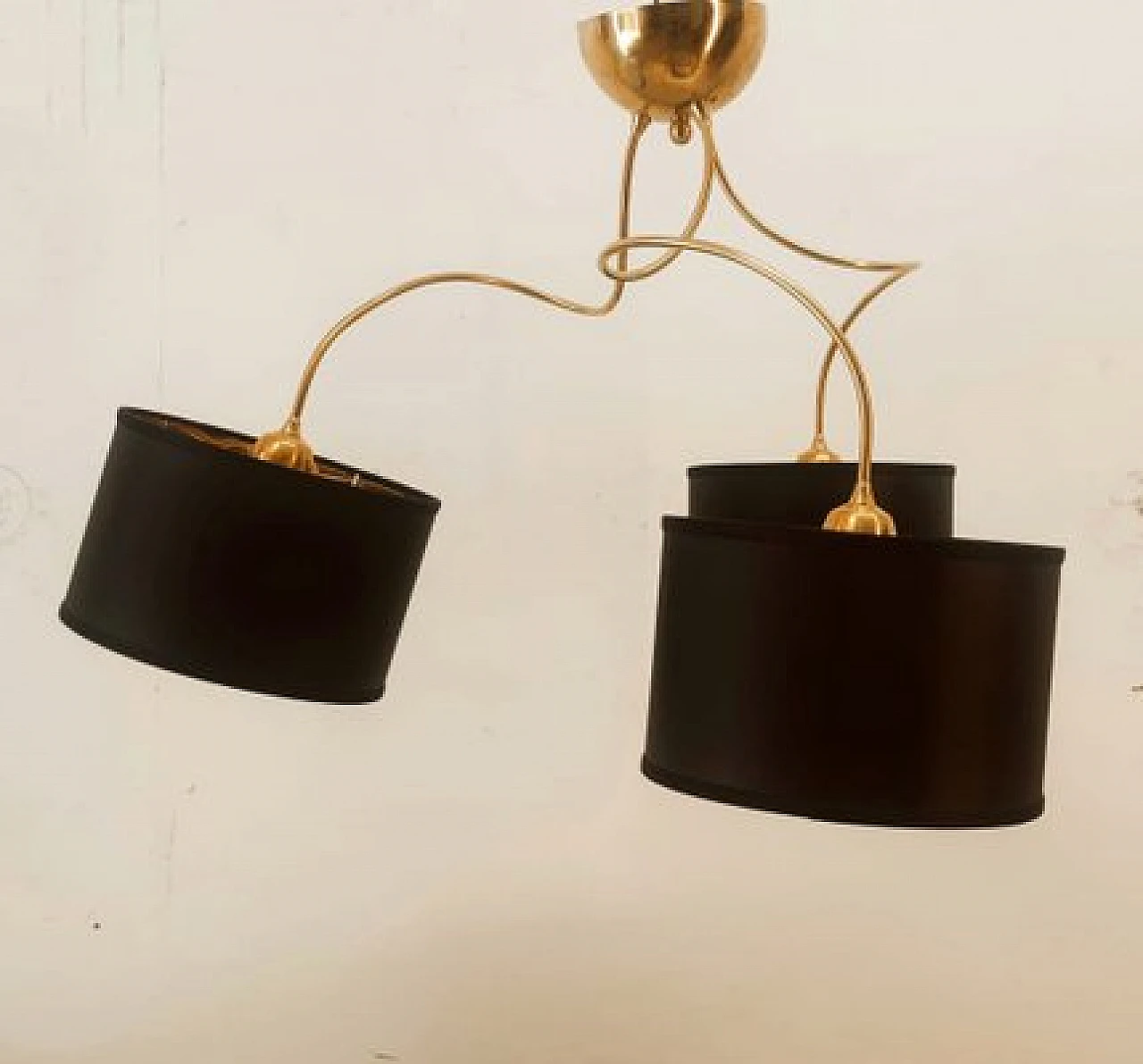 Brass and black fabric adjustable three-light chandelier, 1970s 5