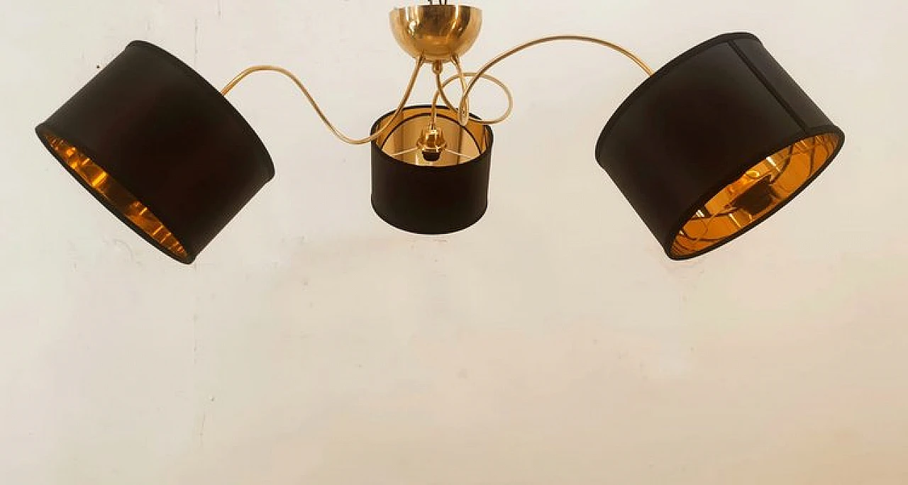 Brass and black fabric adjustable three-light chandelier, 1970s 6