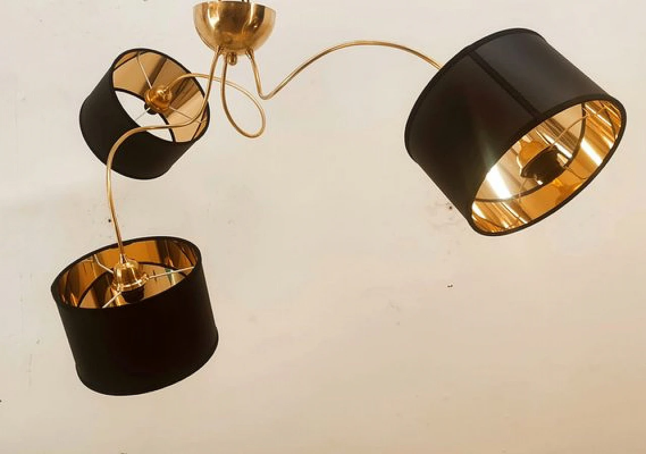 Brass and black fabric adjustable three-light chandelier, 1970s 7