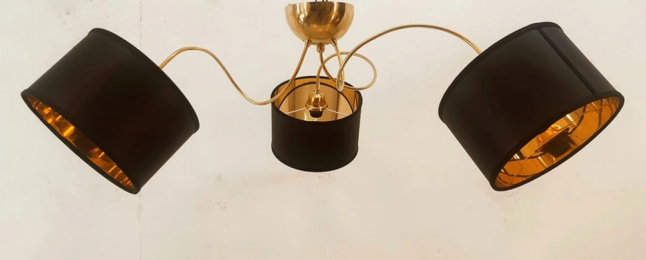 Brass and black fabric adjustable three-light chandelier, 1970s 8