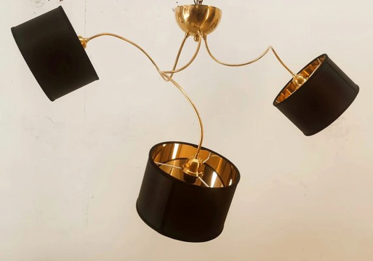 Brass and black fabric adjustable three-light chandelier, 1970s 9