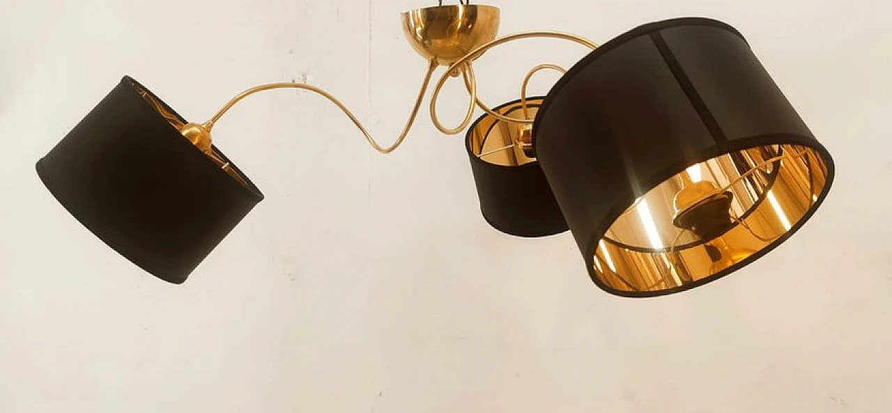 Brass and black fabric adjustable three-light chandelier, 1970s 10