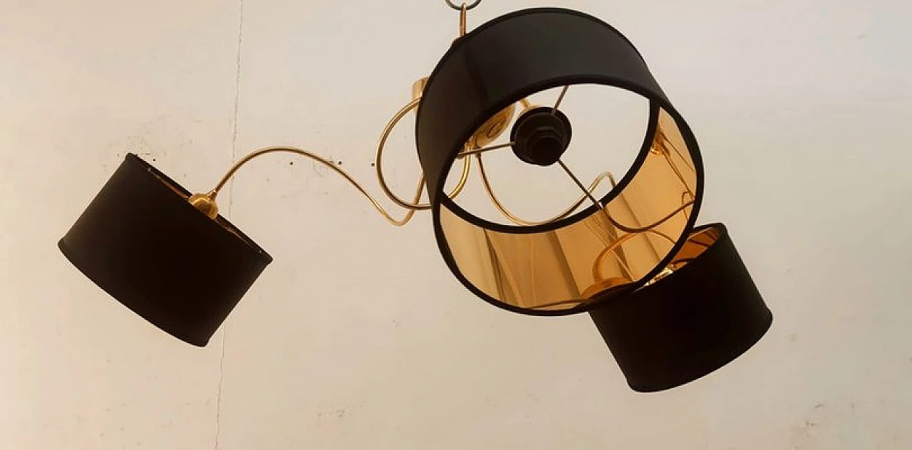 Brass and black fabric adjustable three-light chandelier, 1970s 11