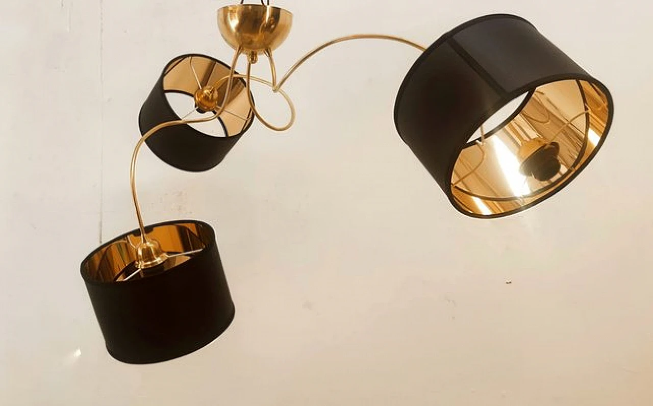 Brass and black fabric adjustable three-light chandelier, 1970s 12