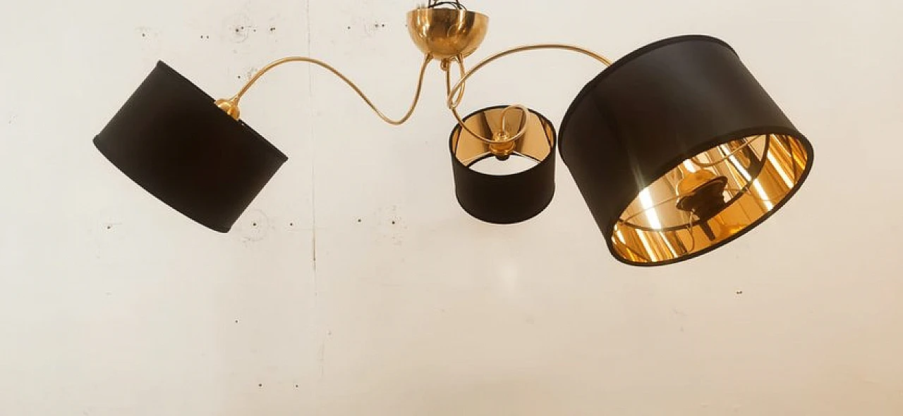 Brass and black fabric adjustable three-light chandelier, 1970s 13