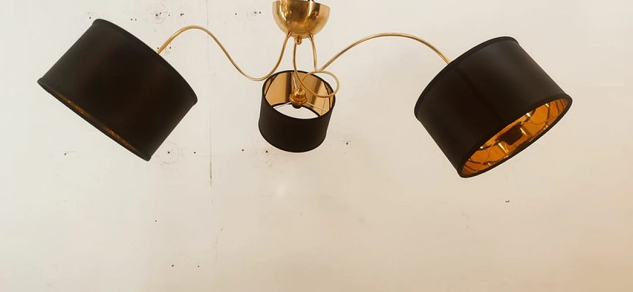 Brass and black fabric adjustable three-light chandelier, 1970s 14