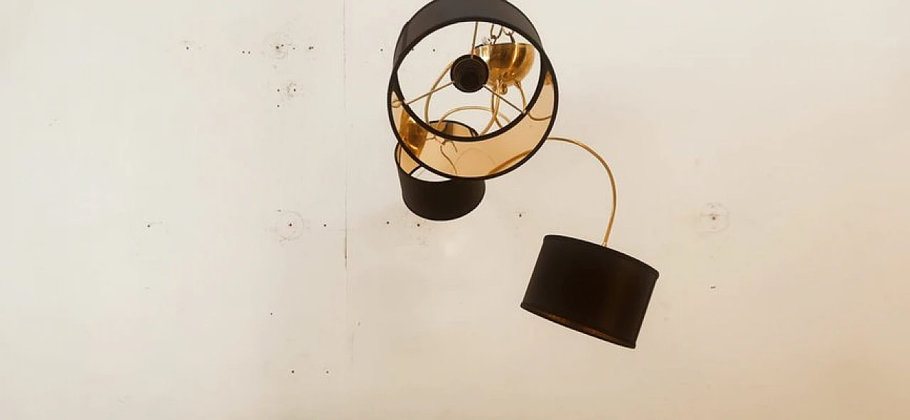 Brass and black fabric adjustable three-light chandelier, 1970s 15