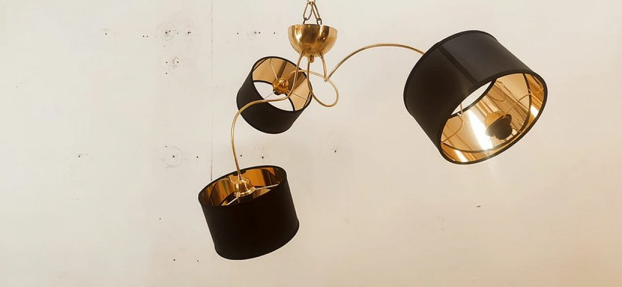 Brass and black fabric adjustable three-light chandelier, 1970s 17