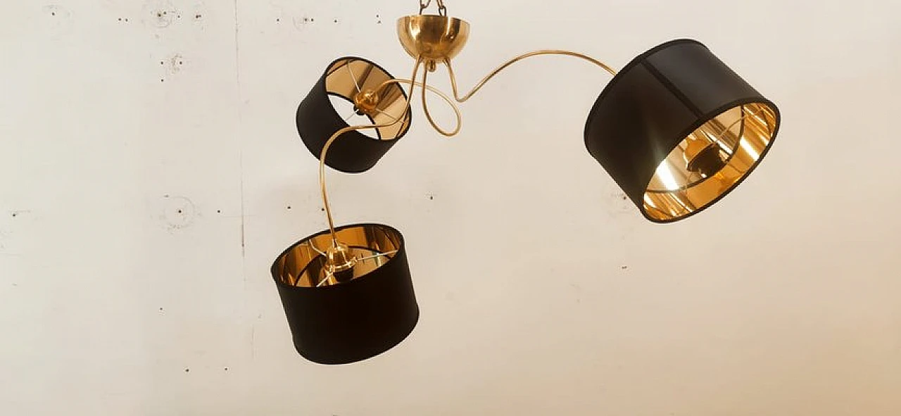 Brass and black fabric adjustable three-light chandelier, 1970s 18