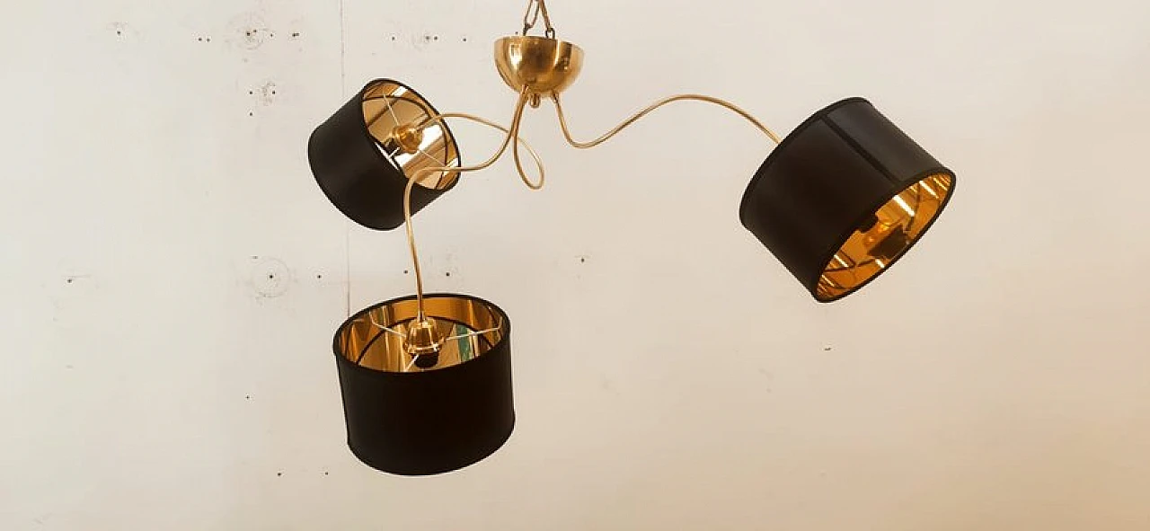 Brass and black fabric adjustable three-light chandelier, 1970s 19