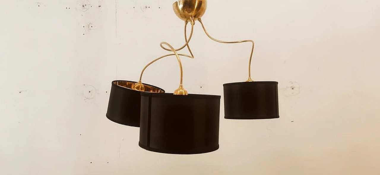 Brass and black fabric adjustable three-light chandelier, 1970s 20