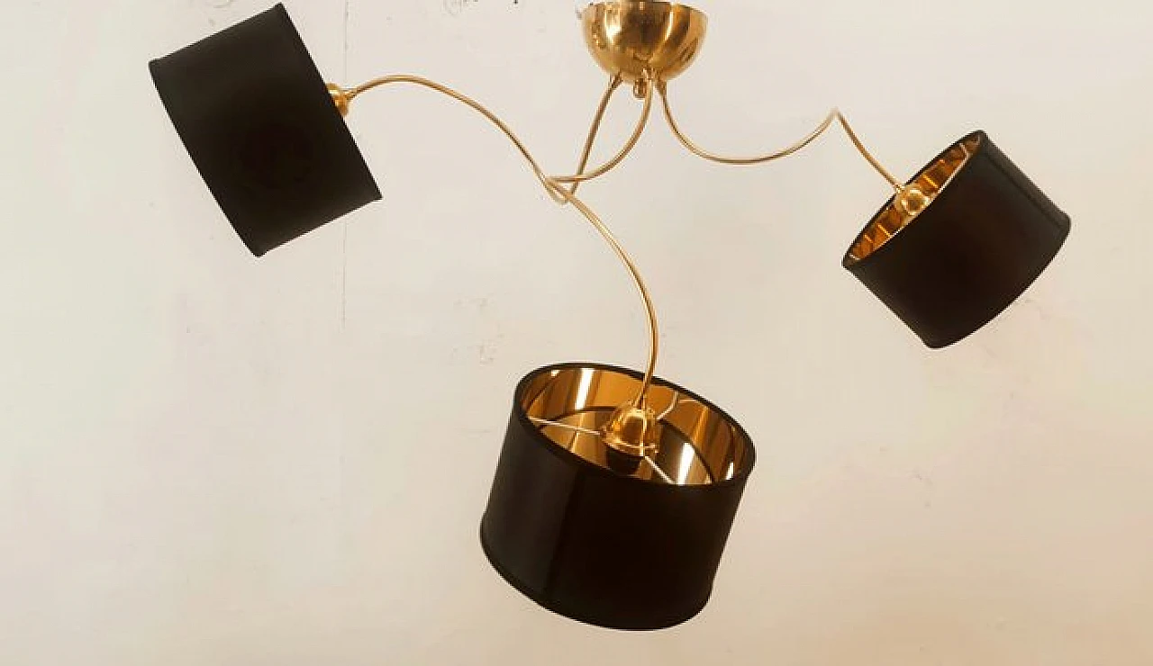 Brass and black fabric adjustable three-light chandelier, 1970s 22