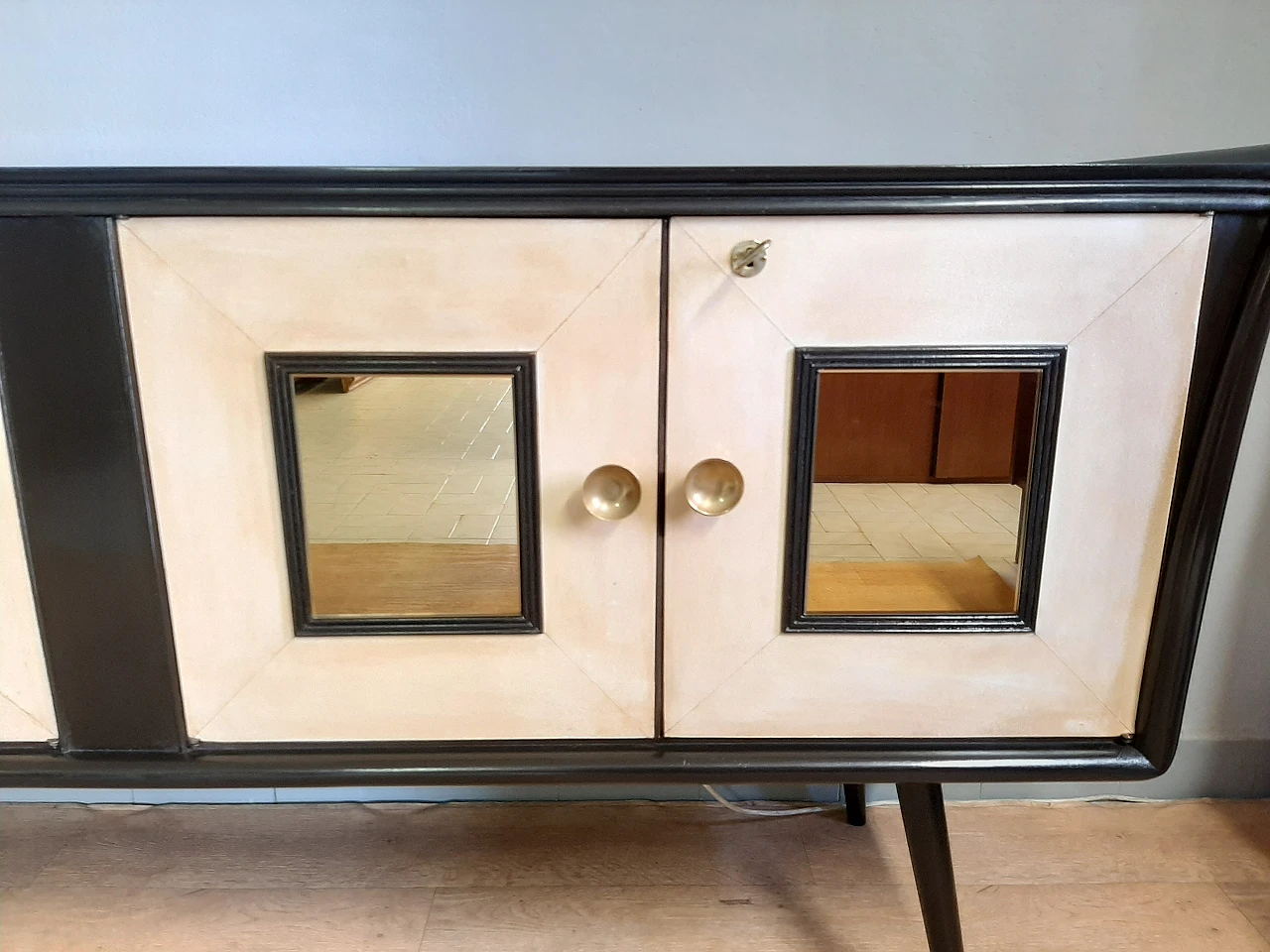 Sideboard in black laquered wood, parchment & gilded mirros, 1940s 3