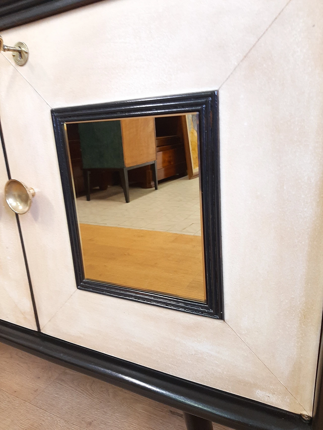 Sideboard in black laquered wood, parchment & gilded mirros, 1940s 9