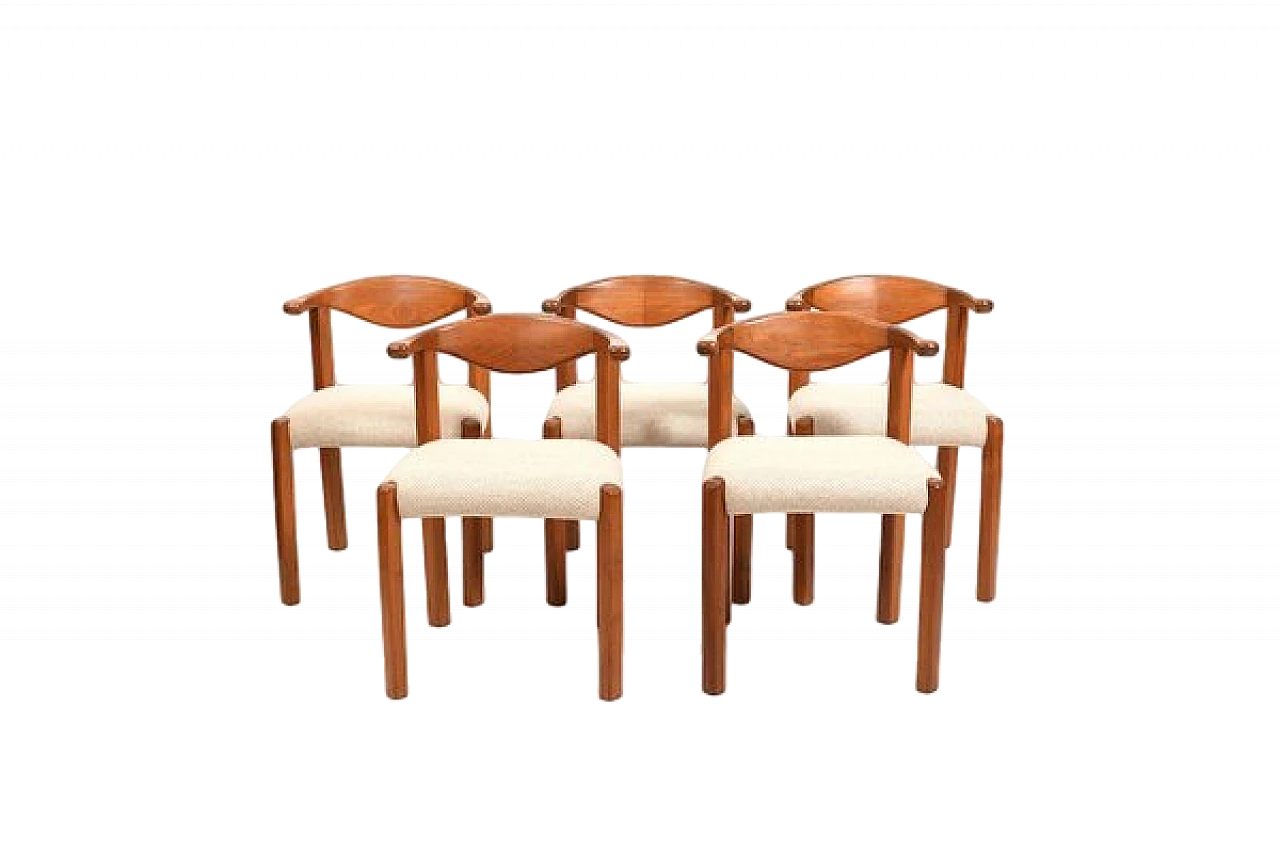 5 Cow Horn chairs in teak and fabric by Dyrlund, 1970s 11