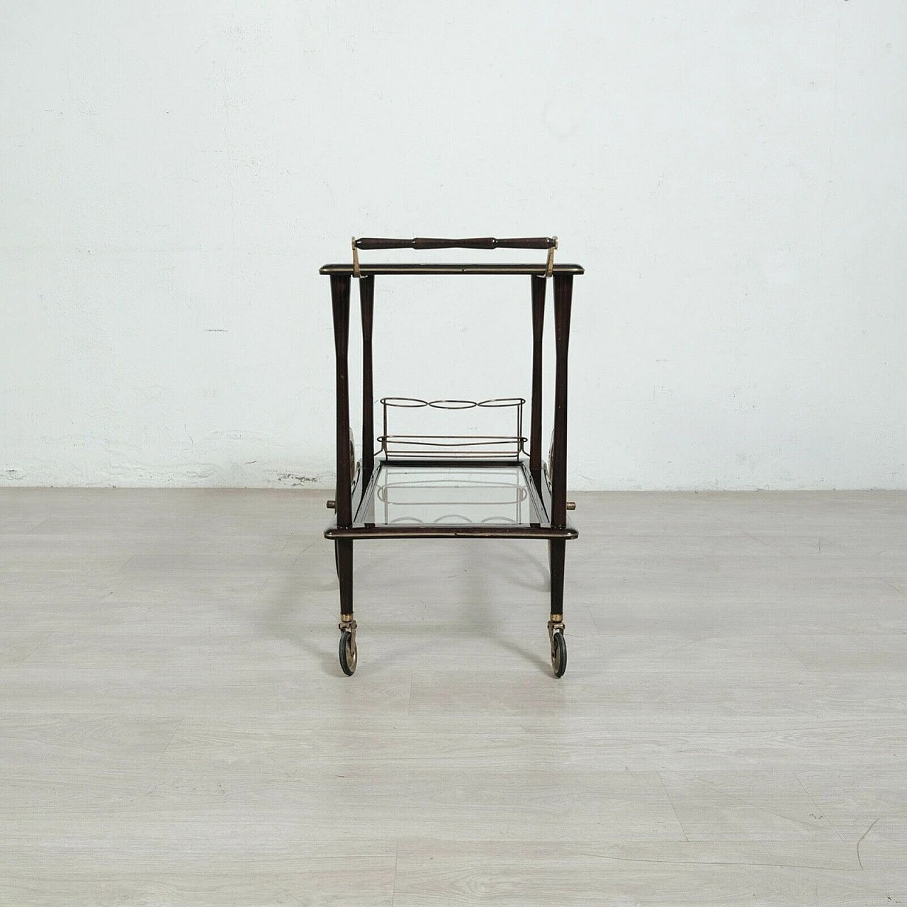 Mahogany veneered wood, glass and brass bar cart, 1960s 13