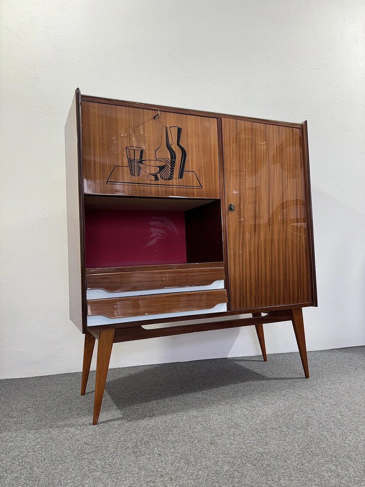 Wood and glass bar cabinet with decoration, 1950s 1