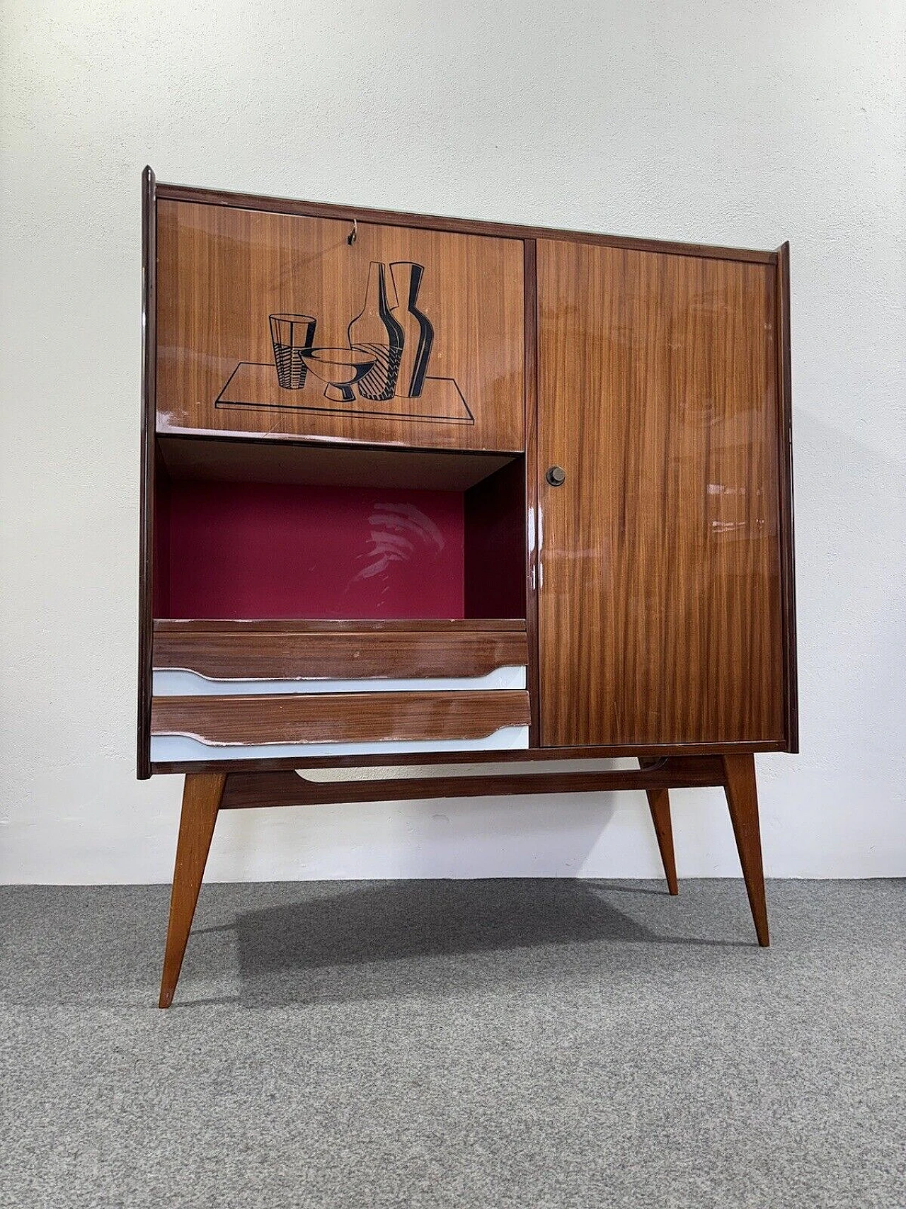 Wood and glass bar cabinet with decoration, 1950s 2