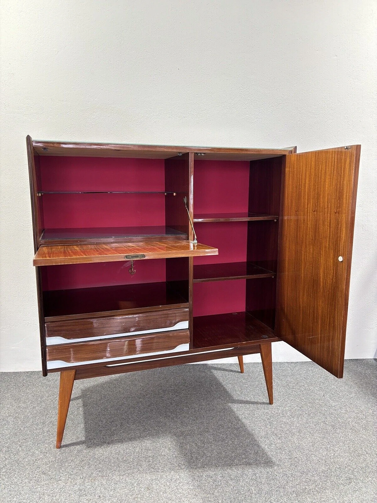 Wood and glass bar cabinet with decoration, 1950s 4