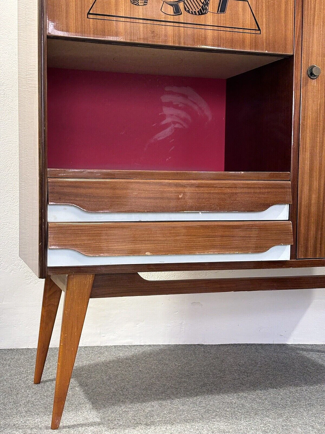 Wood and glass bar cabinet with decoration, 1950s 5