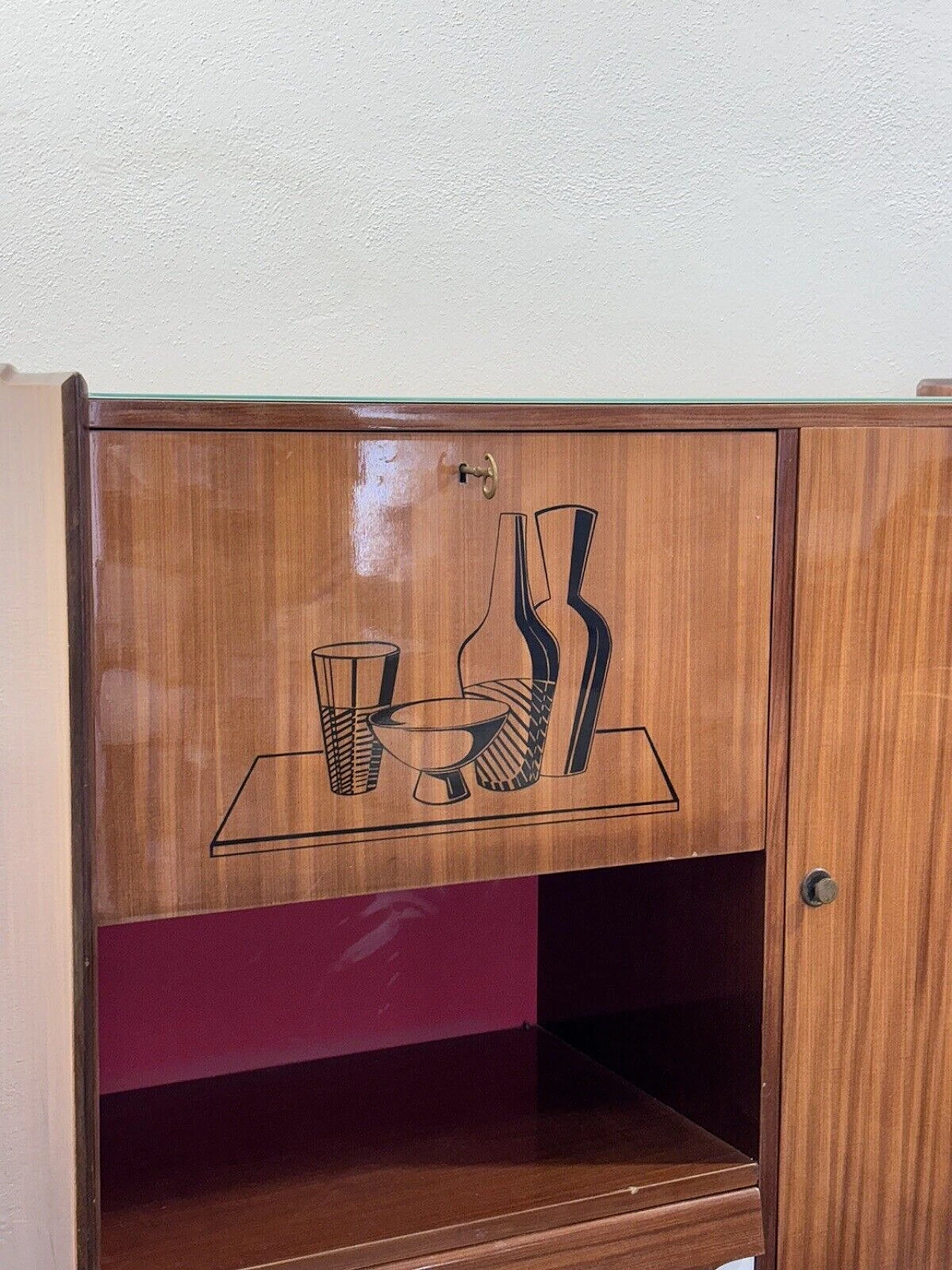 Wood and glass bar cabinet with decoration, 1950s 8