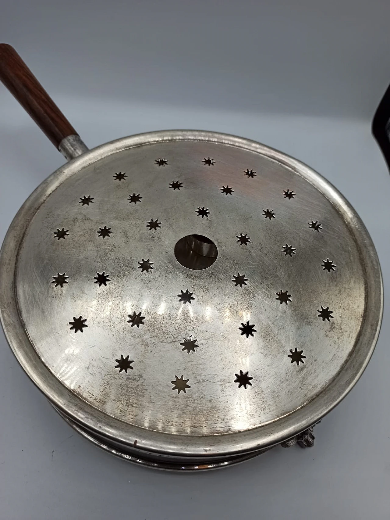 Metal food warmer with wooden handle, 1960s 6