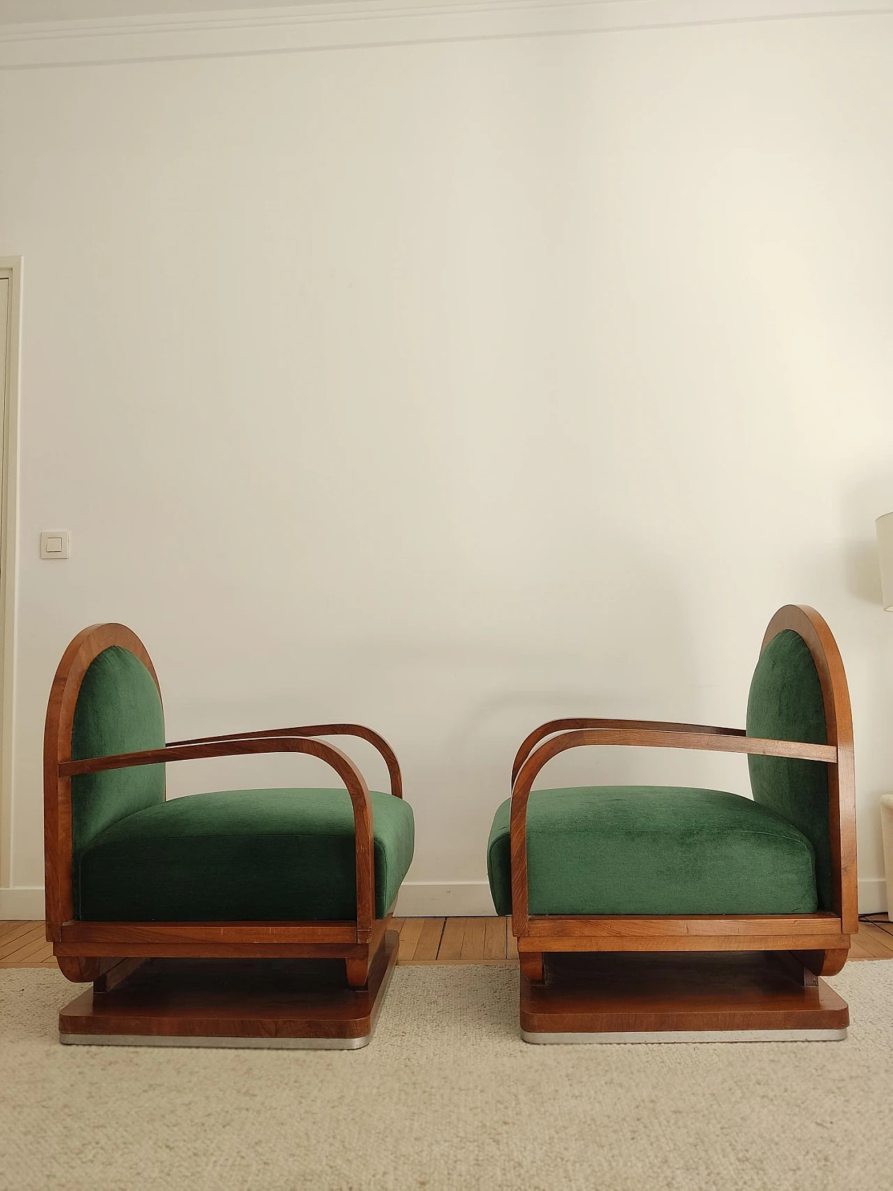 Pair of Art Deco wood and green fabric armchairs, 1930s 2