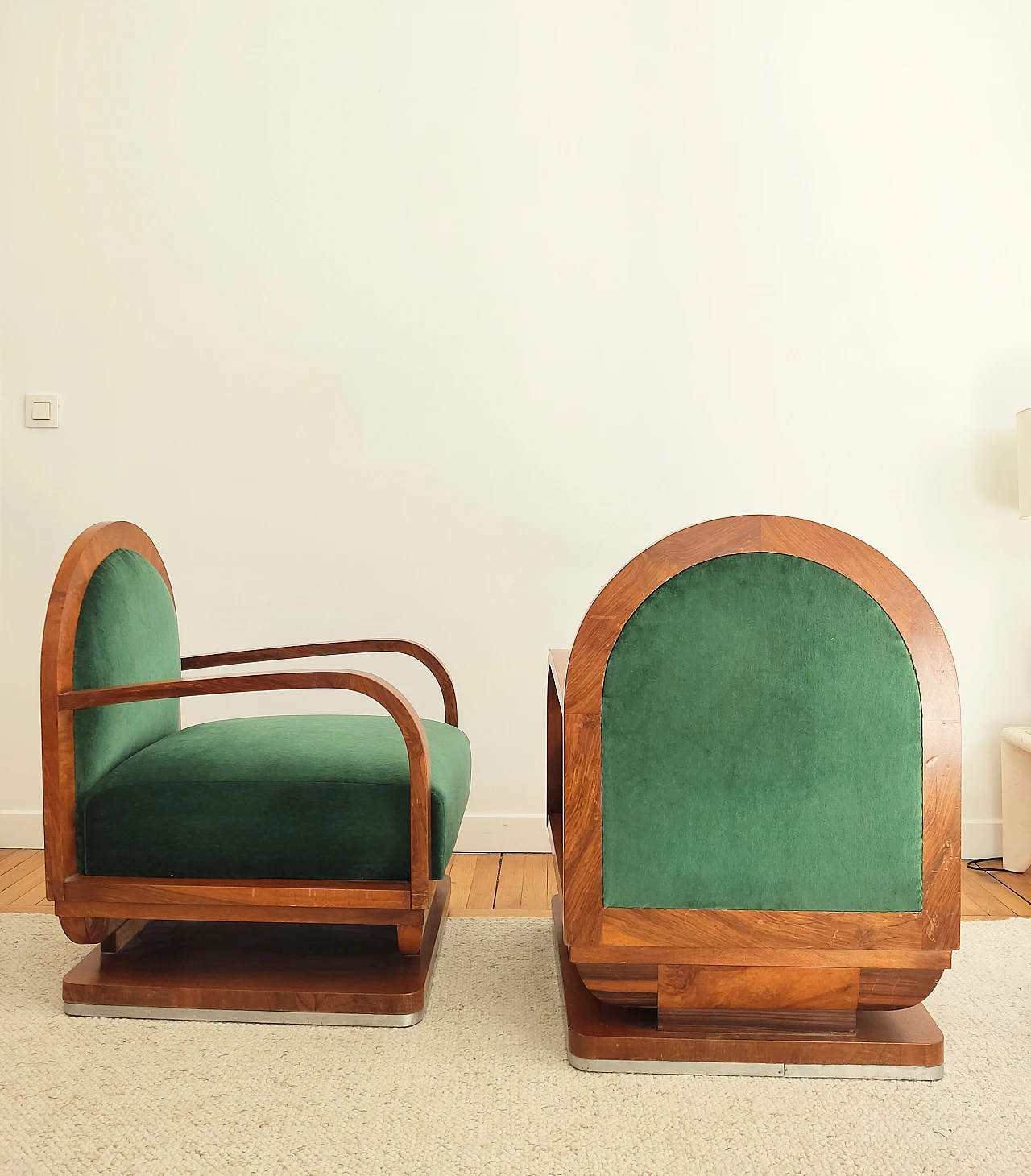 Pair of Art Deco wood and green fabric armchairs, 1930s 3