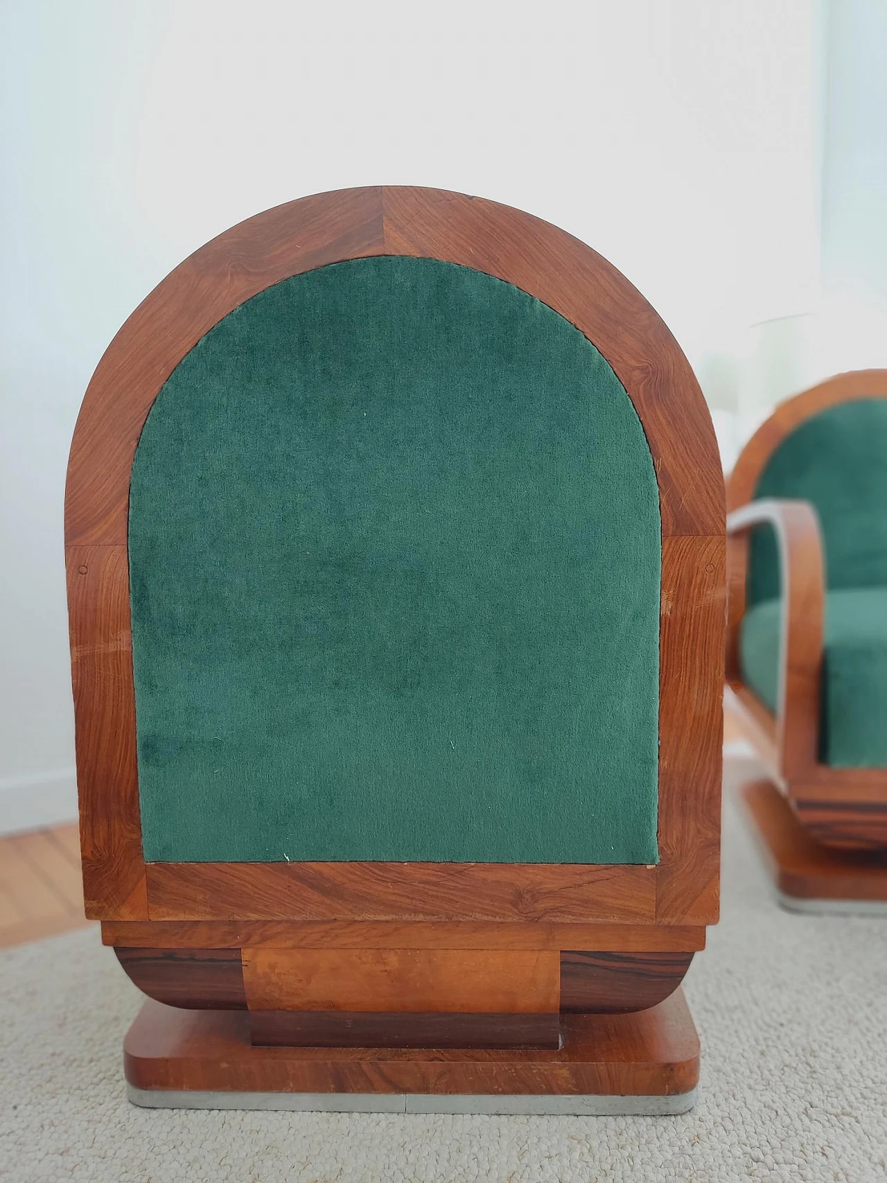 Pair of Art Deco wood and green fabric armchairs, 1930s 8