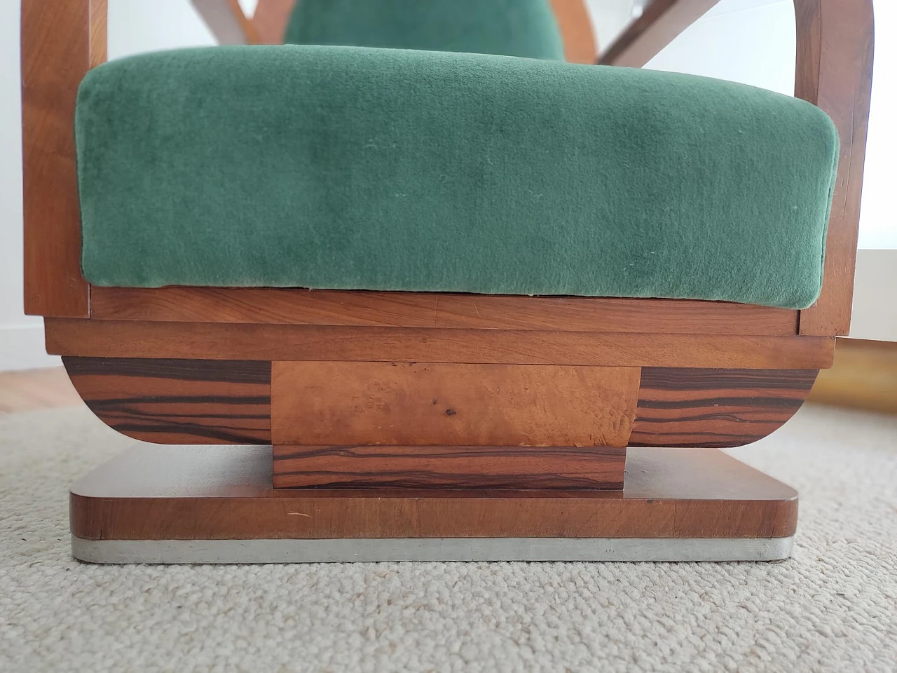 Pair of Art Deco wood and green fabric armchairs, 1930s 9