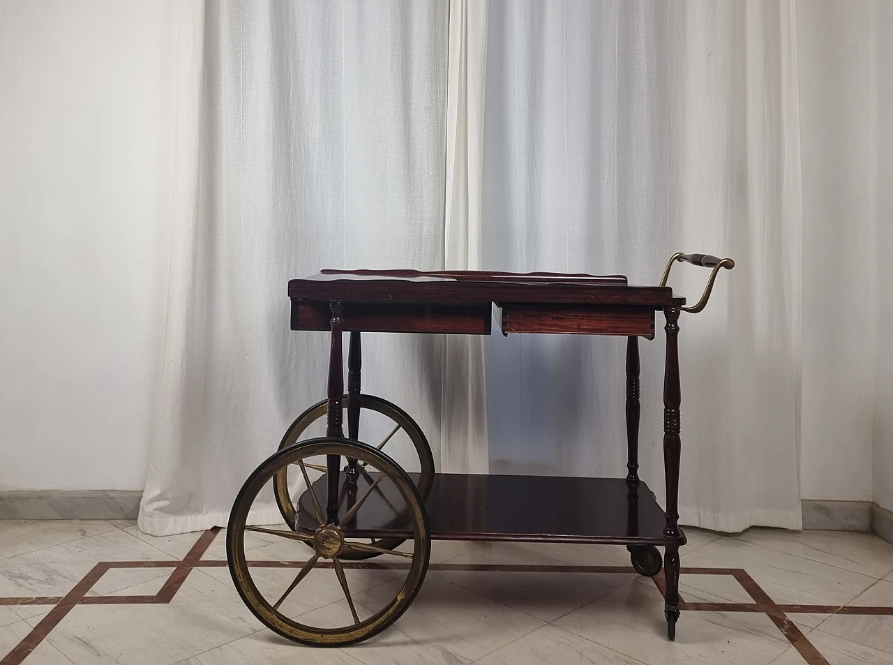 Mahogany and brass bar cart with extendable top, 1950s 2