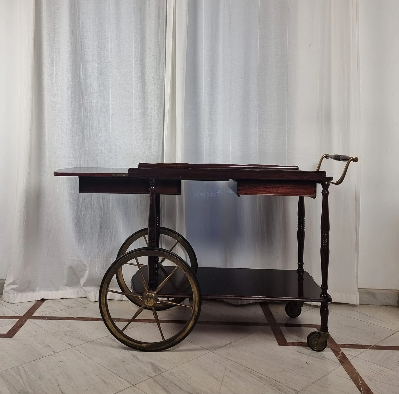 Mahogany and brass bar cart with extendable top, 1950s 3