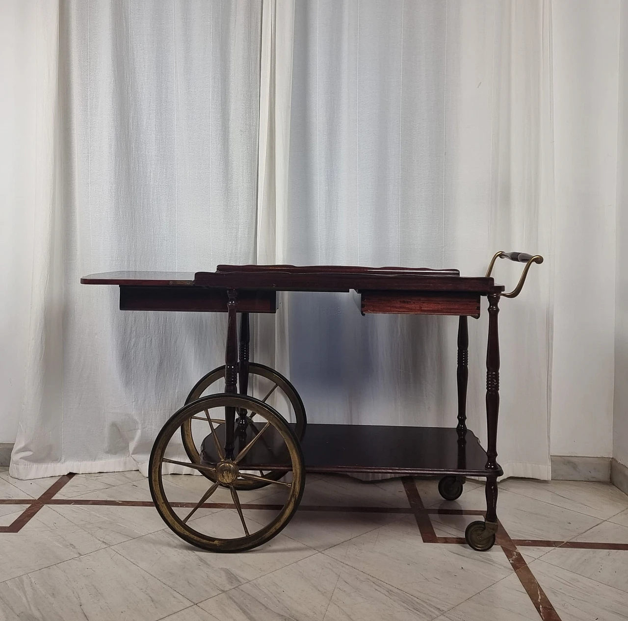 Mahogany and brass bar cart with extendable top, 1950s 4