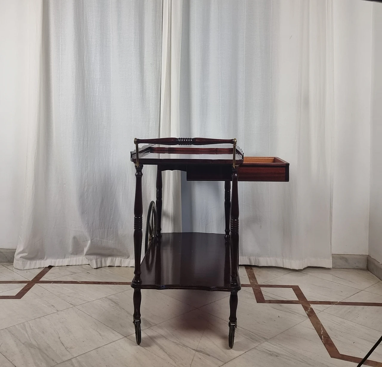 Mahogany and brass bar cart with extendable top, 1950s 5