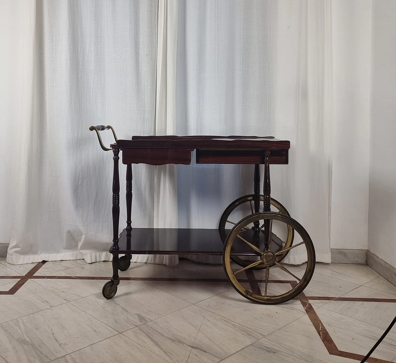 Mahogany and brass bar cart with extendable top, 1950s 7