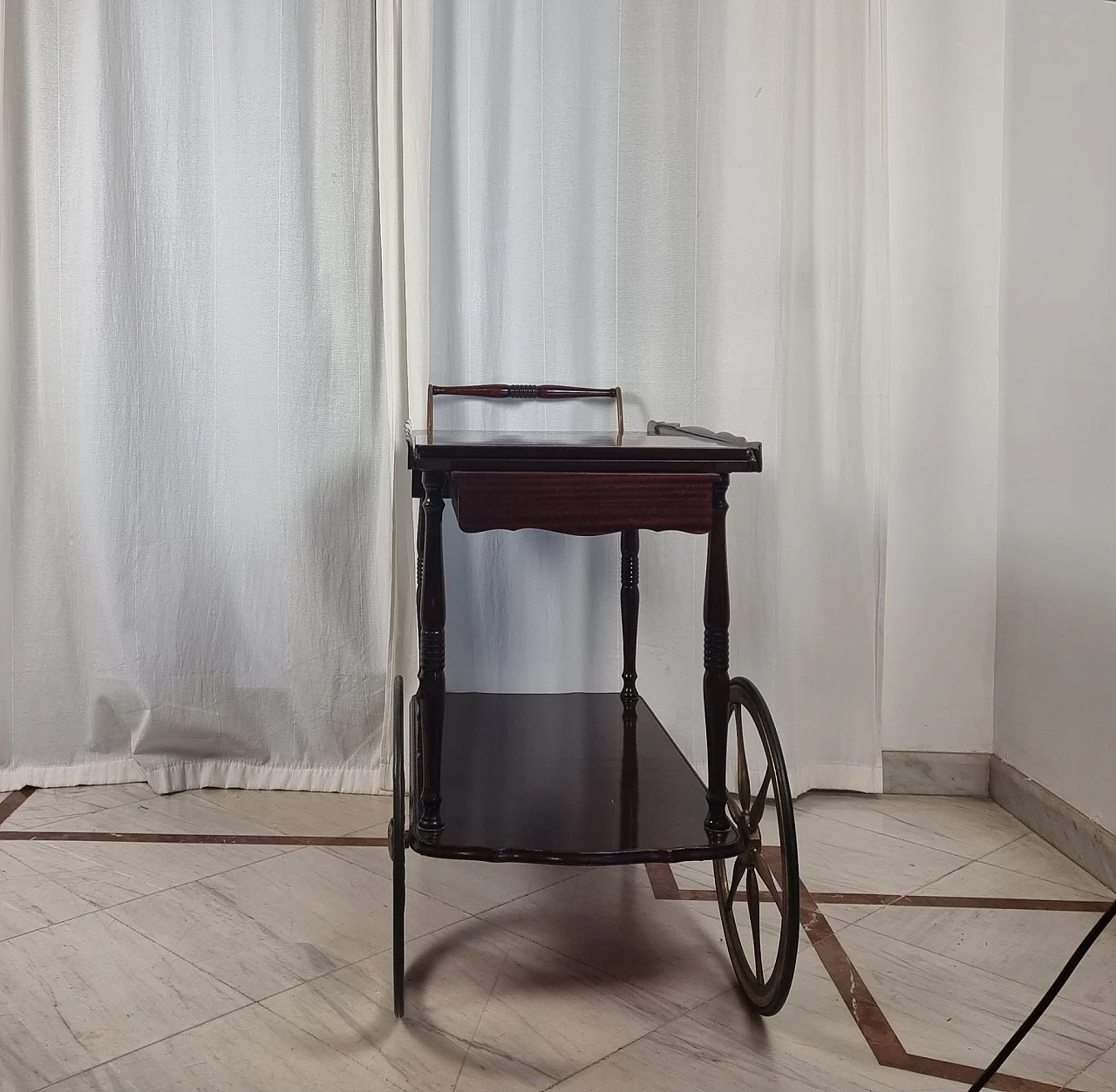 Mahogany and brass bar cart with extendable top, 1950s 8