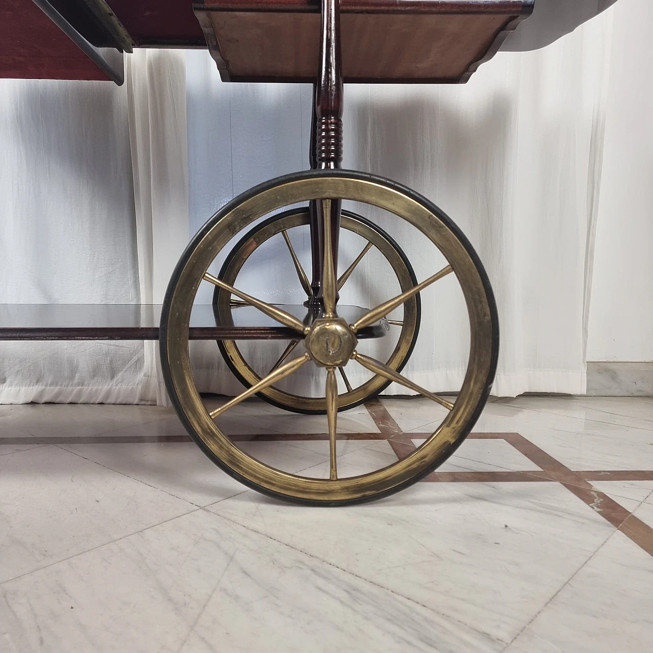 Mahogany and brass bar cart with extendable top, 1950s 14