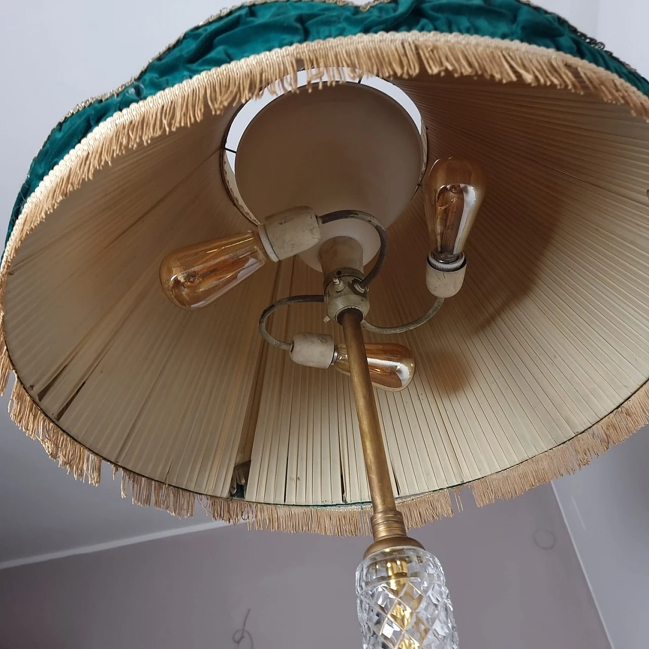 Floor lamp in brass, glass & fabric, 1940s 9