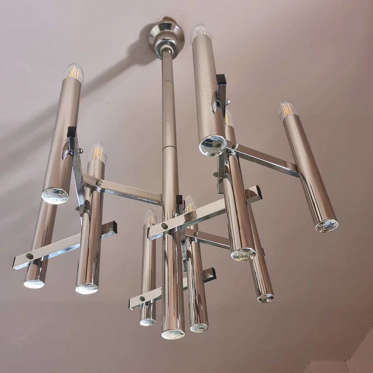 Polished chrome-plated steel chandelier by Gaetano Sciolari, 1970s 2