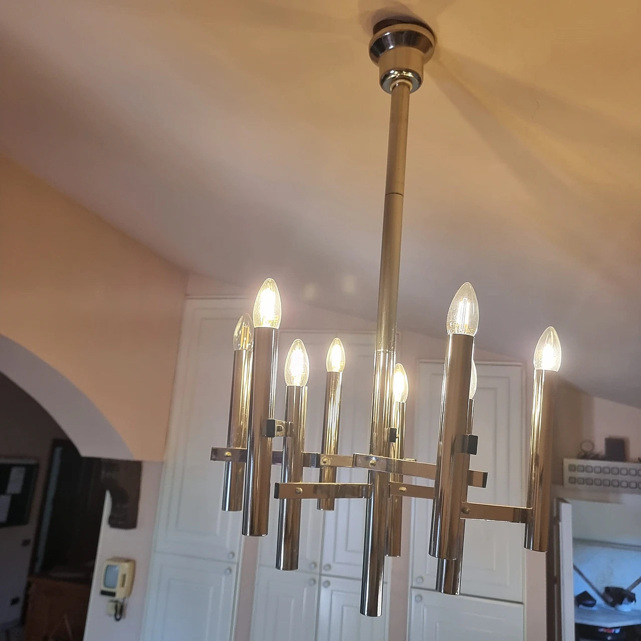 Lampadario acciaio cromato lucido di Gaetano Sciolari, anni '70 7