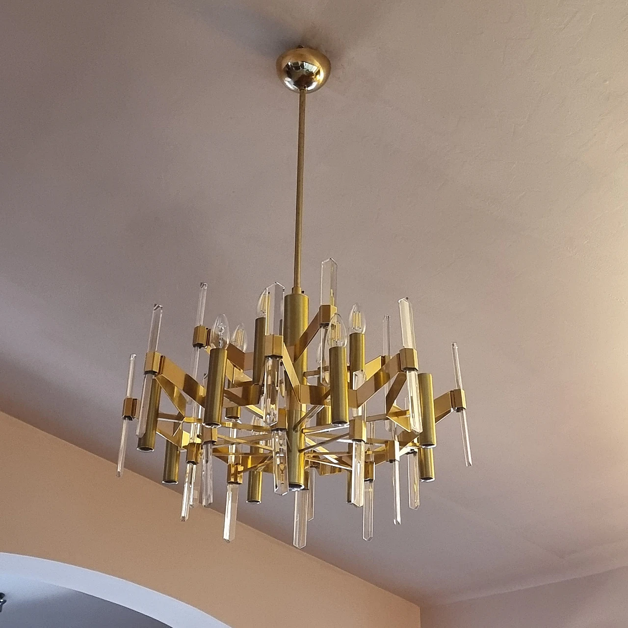 Lampadario in ottone e cristallo di Gaetano Sciolari, anni '60 4