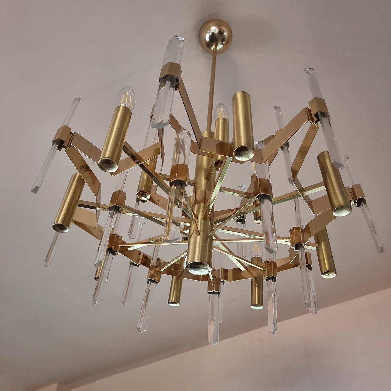 Lampadario in ottone e cristallo di Gaetano Sciolari, anni '60 8