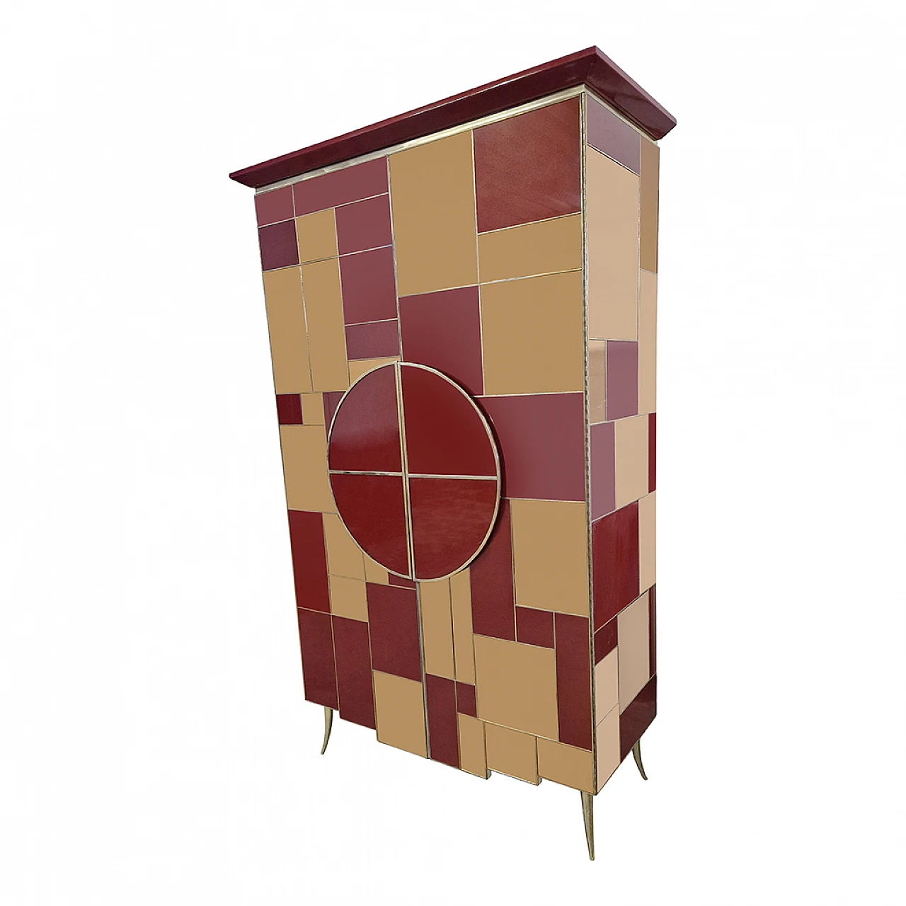 Mirror, burgundy glass, wood and brass wardrobe, 1980s 4