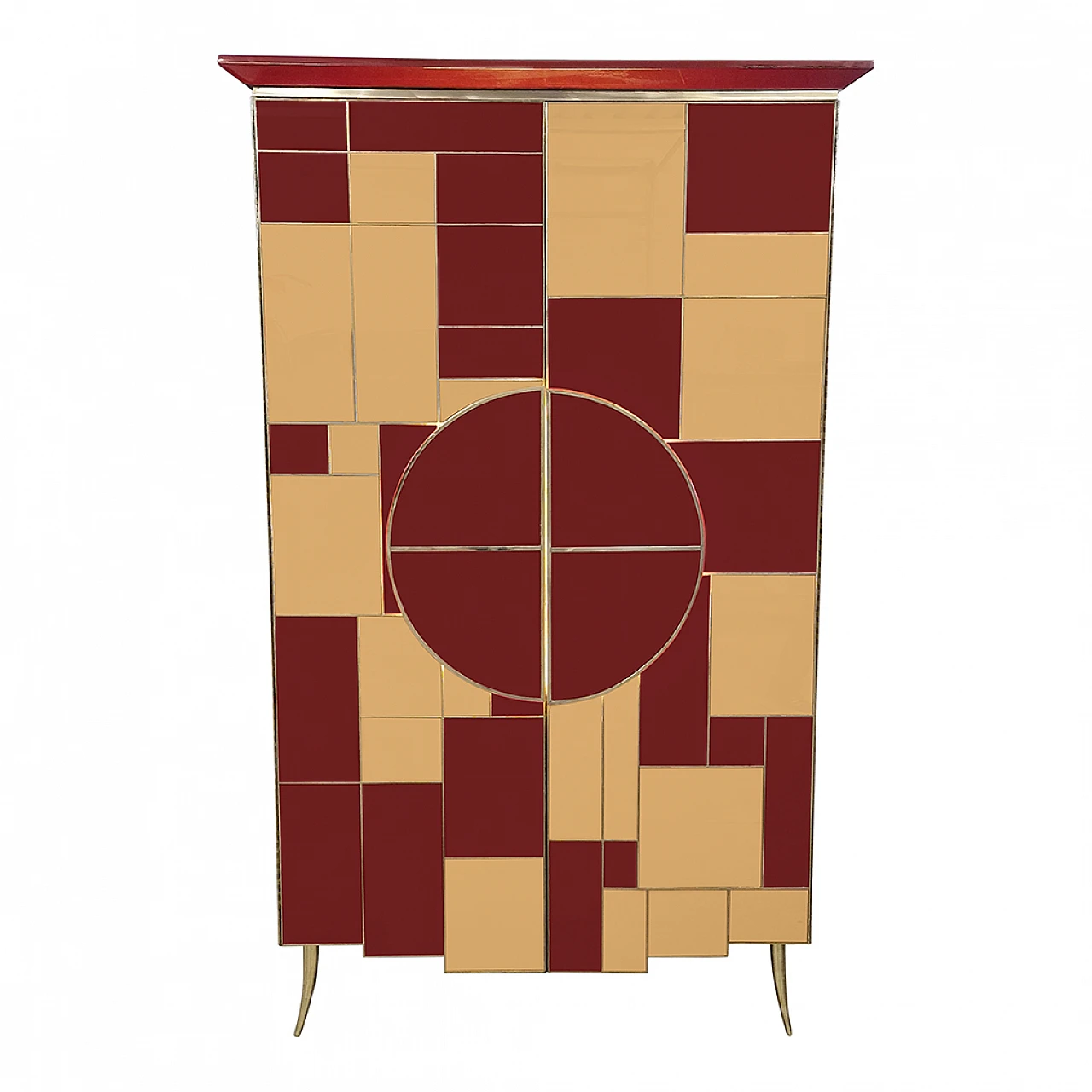 Mirror, burgundy glass, wood and brass wardrobe, 1980s 9