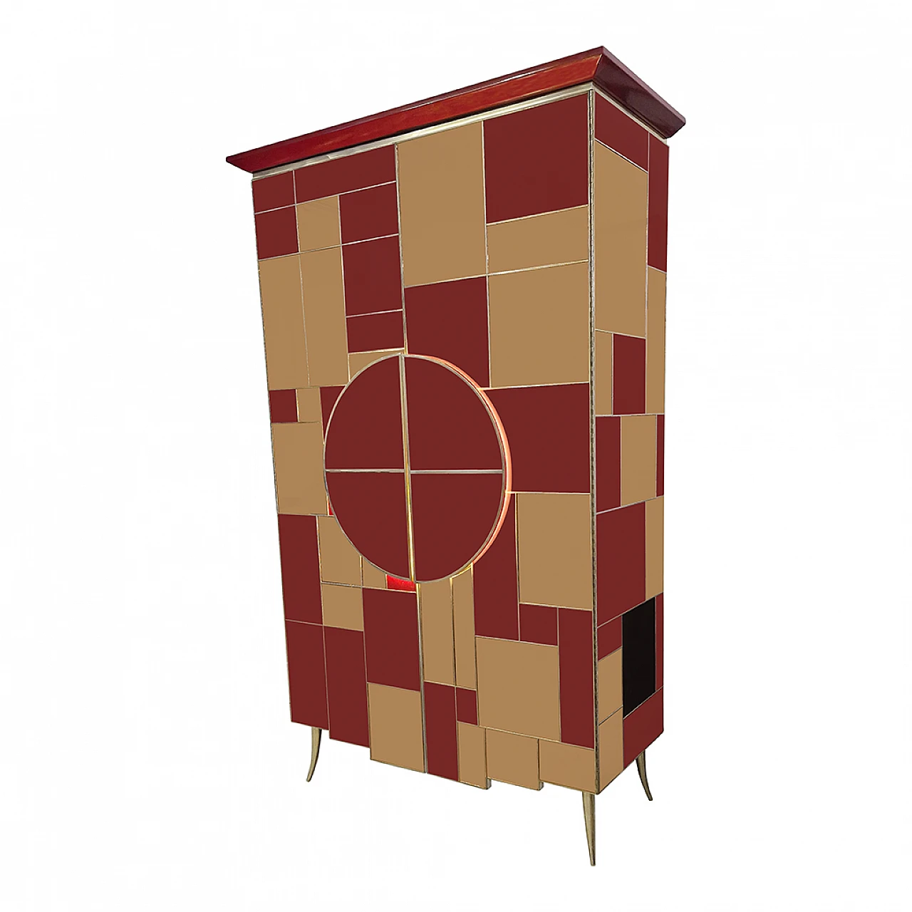 Mirror, burgundy glass, wood and brass wardrobe, 1980s 12