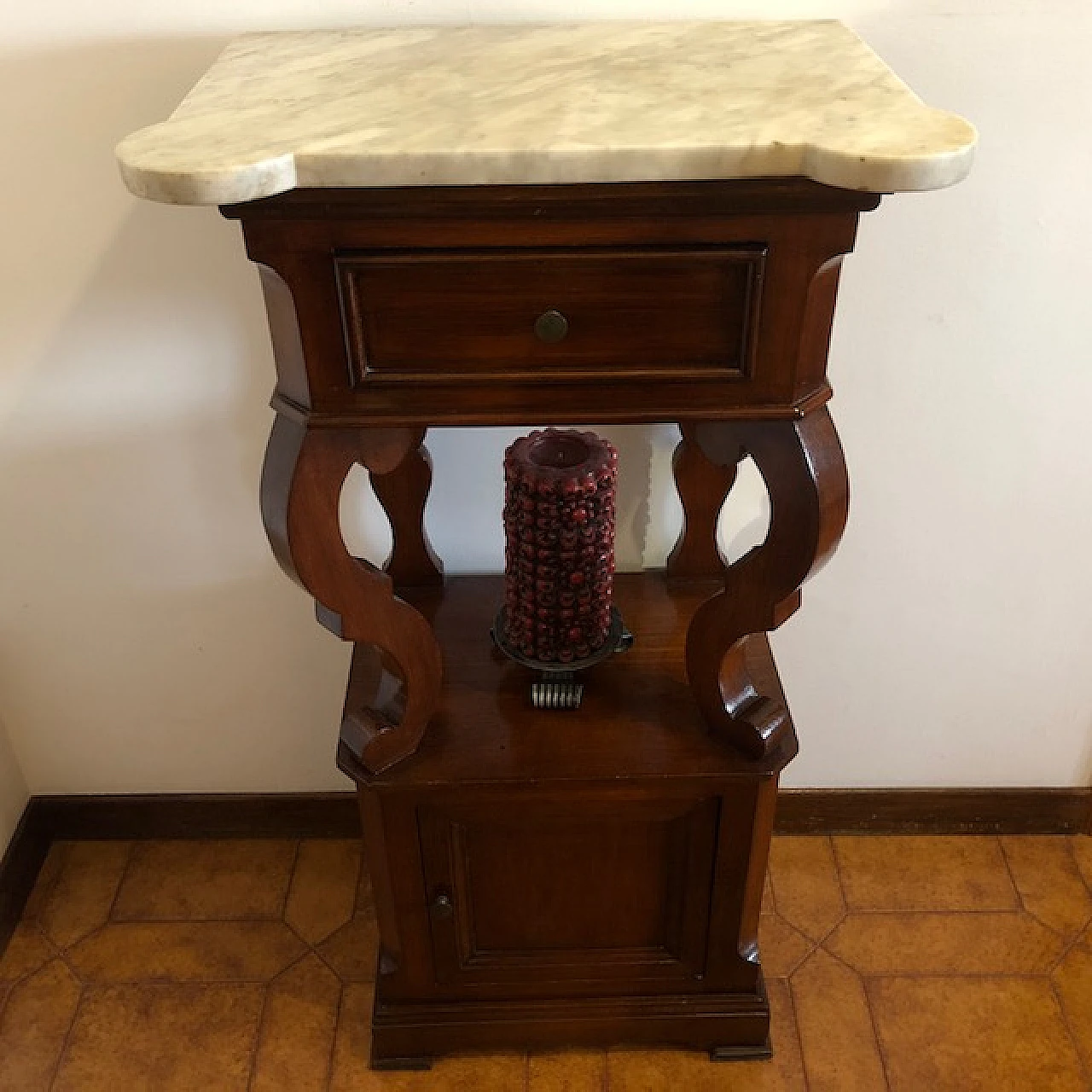 Pair of solid wood and marble bedside tables, early 20th century 1