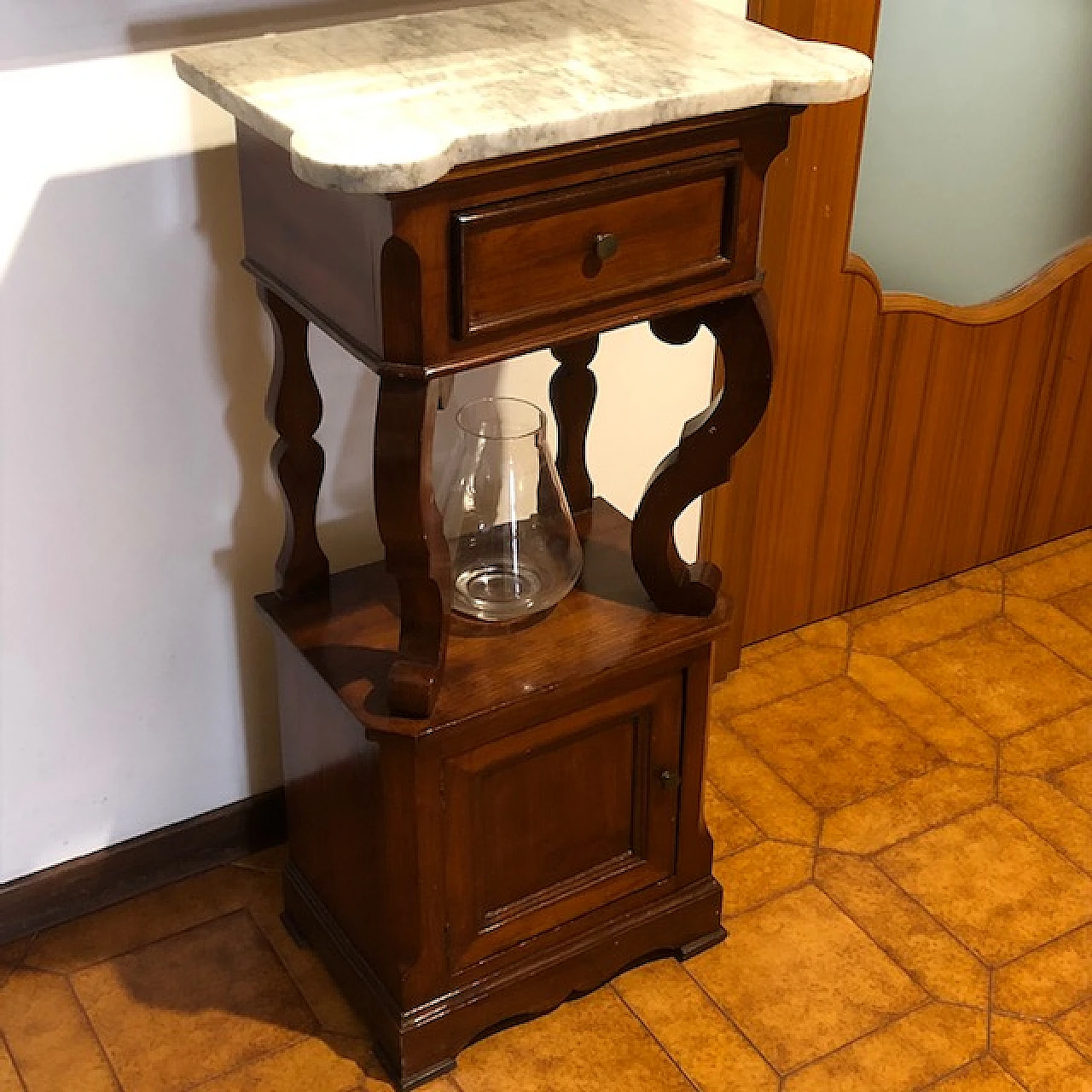 Pair of solid wood and marble bedside tables, early 20th century 4