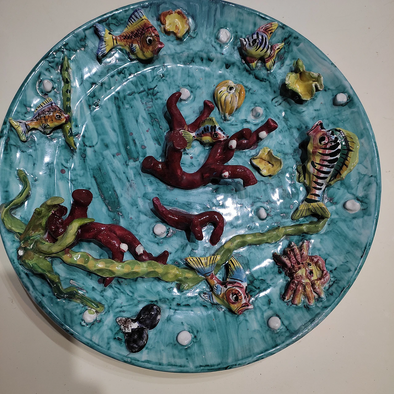 Vietri ceramic dish with embossed fish and seaweed 1