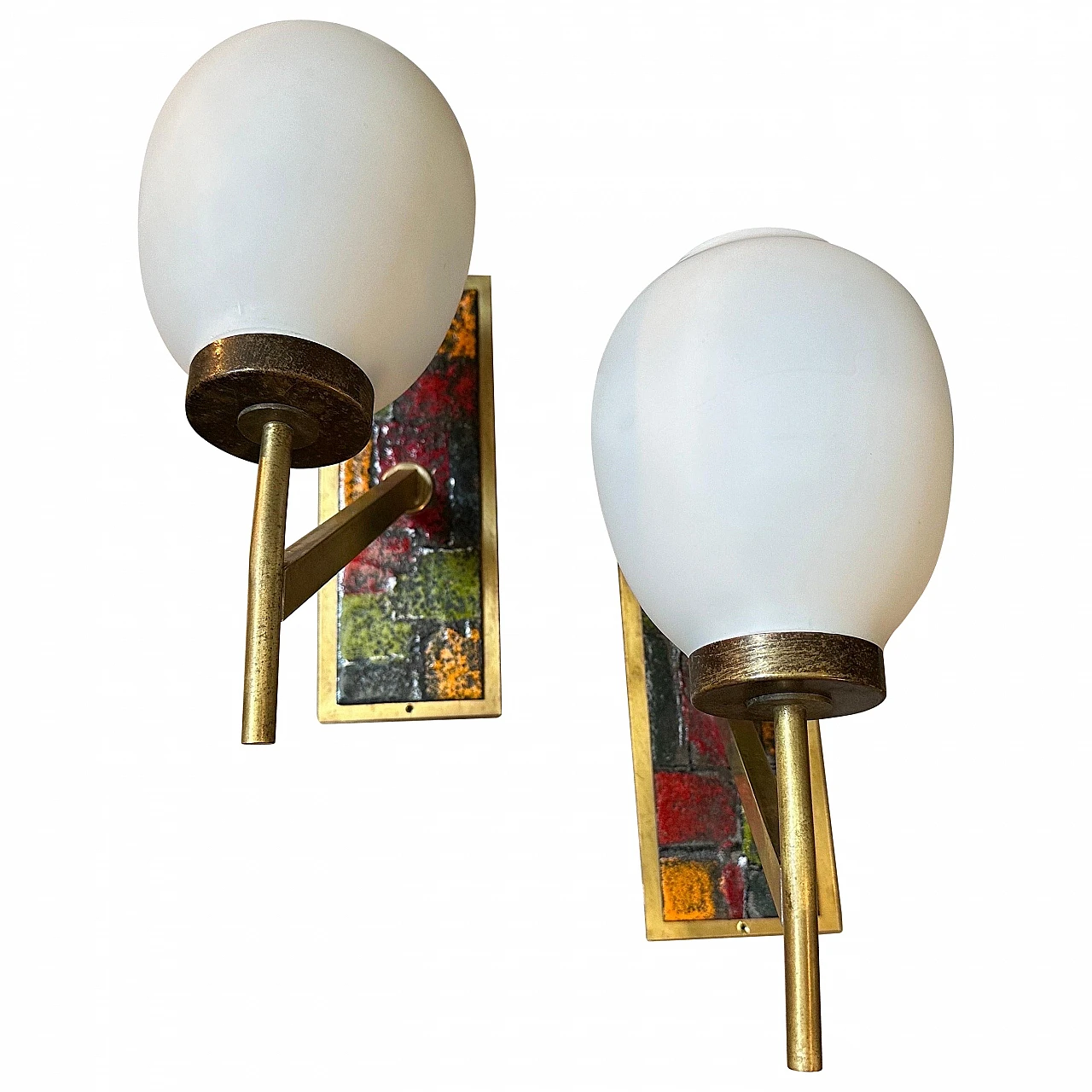 Pair of enamelled brass and glass wall lamps, 1950s 1