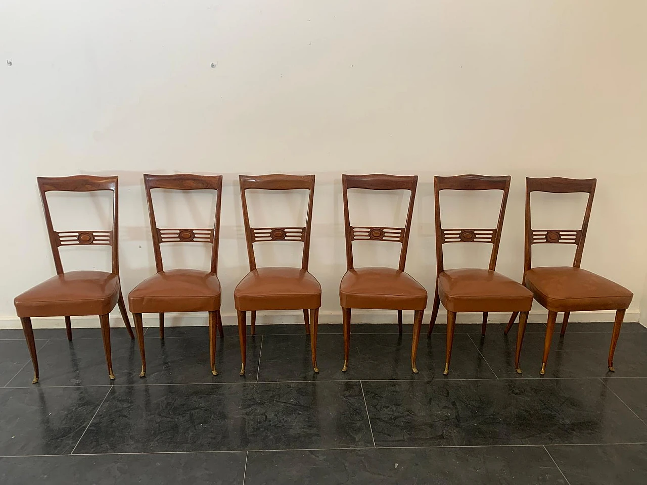 6 Chairs in rosewood with gold bronze tips & leatherette seat, 1950s 1